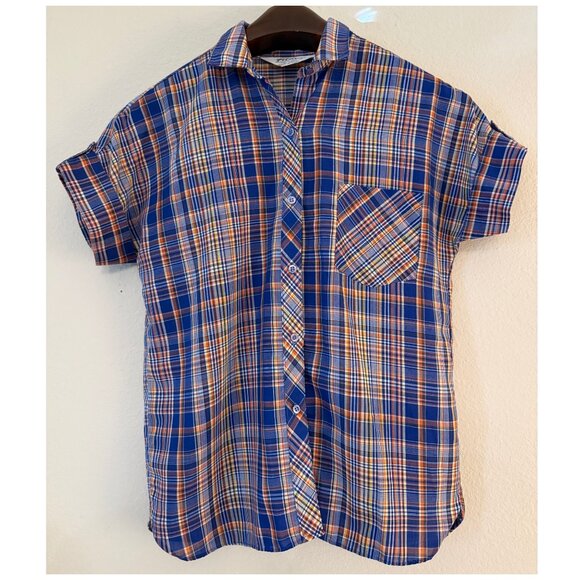 Vintage 70s Felive Blue Short Sleeve Check Plaid Button Down Shirt Large - Picture 3 of 10